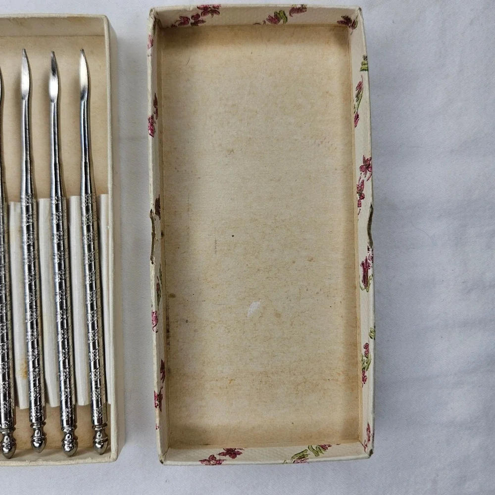 Vtg 1950s Silver Tone Nut Pick Set of 6 w Original Floral Box Spiral Handle